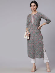 Women Grey Ethnic Printed Straight Kurta With Three Quarter Sleeves
