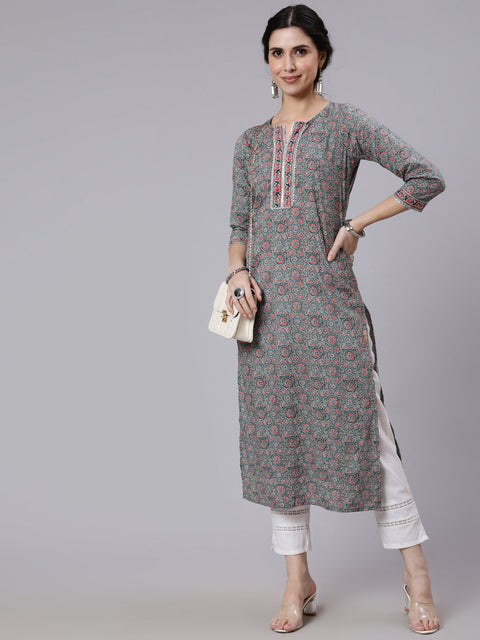 Women Grey Ethnic Printed Straight Kurta With Three Quarter Sleeves