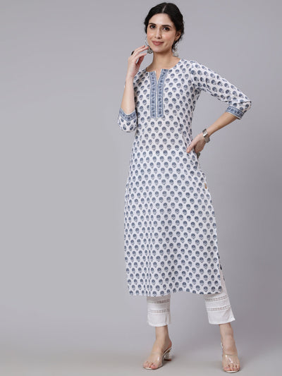 Women Off-White Printed Straight Kurta With Three Quarter Sleeves