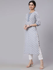 Women Off-White Printed Straight Kurta With Three Quarter Sleeves