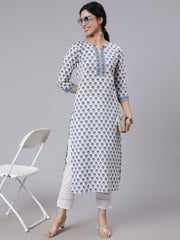 Women Off-White Printed Straight Kurta With Three Quarter Sleeves