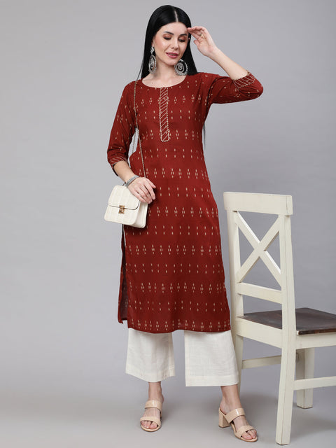 Women Maroon Ethnic Printed Straight Kurta With Three Quarter Sleeves