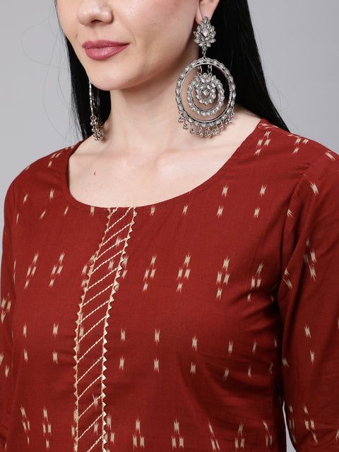 Women Maroon Ethnic Printed Straight Kurta With Three Quarter Sleeves