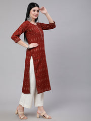 Women Maroon Ethnic Printed Straight Kurta With Three Quarter Sleeves