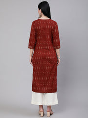 Women Maroon Ethnic Printed Straight Kurta With Three Quarter Sleeves