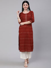 Women Maroon Ethnic Printed Straight Kurta With Three Quarter Sleeves