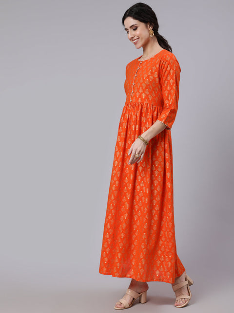 Women Orange Ethnic Printed Gratherd Dress