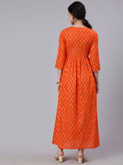 Women Orange Ethnic Printed Gratherd Dress