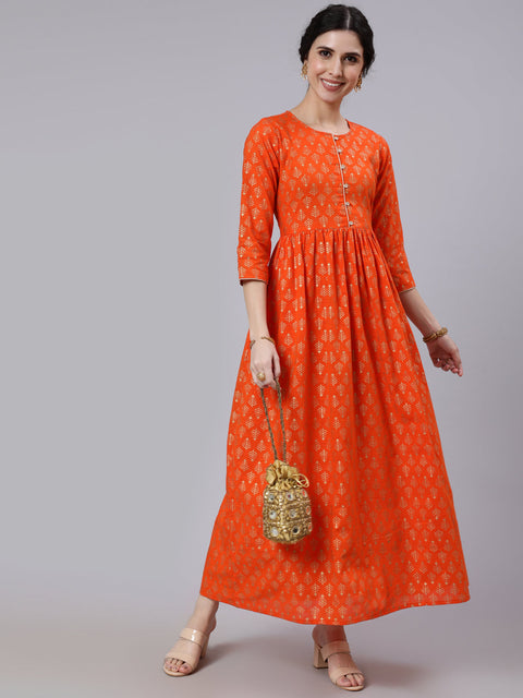 Women Orange Ethnic Printed Gratherd Dress