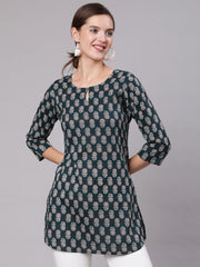 Women Green Ethnic Printed Straight Tunic With Three Quarter Sleeves