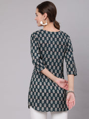 Women Green Ethnic Printed Straight Tunic With Three Quarter Sleeves
