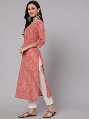 Women Red Printed Straight Kurta With Thread Work Yoke