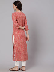 Women Red Printed Straight Kurta With Thread Work Yoke
