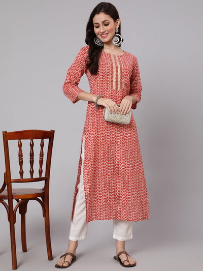 Women Red Printed Straight Kurta With Thread Work Yoke