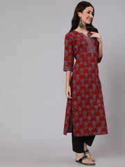 Women Maroon Ethnic Printed Straight Kurta With Three Quarter Sleeves