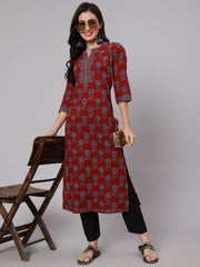 Women Maroon Ethnic Printed Straight Kurta With Three Quarter Sleeves