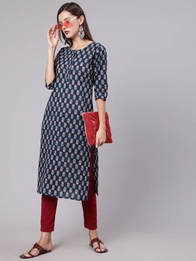 Women Blue Printed Straight Kurta With Three Quarter Sleeves