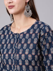 Women Blue Printed Straight Kurta With Three Quarter Sleeves