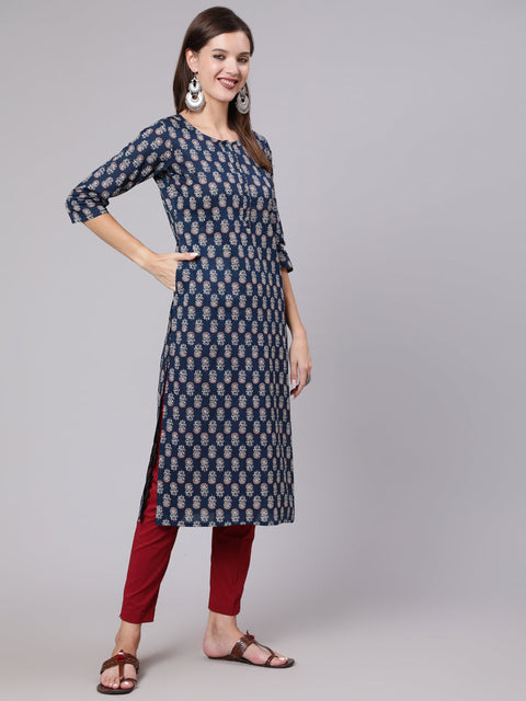 Women Blue Printed Straight Kurta With Three Quarter Sleeves