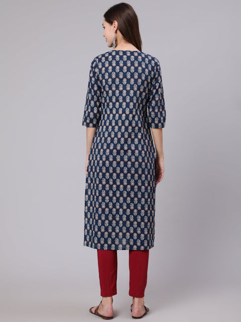 Women Blue Printed Straight Kurta With Three Quarter Sleeves