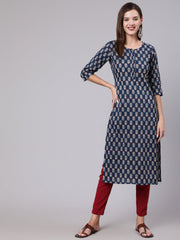 Women Blue Printed Straight Kurta With Three Quarter Sleeves