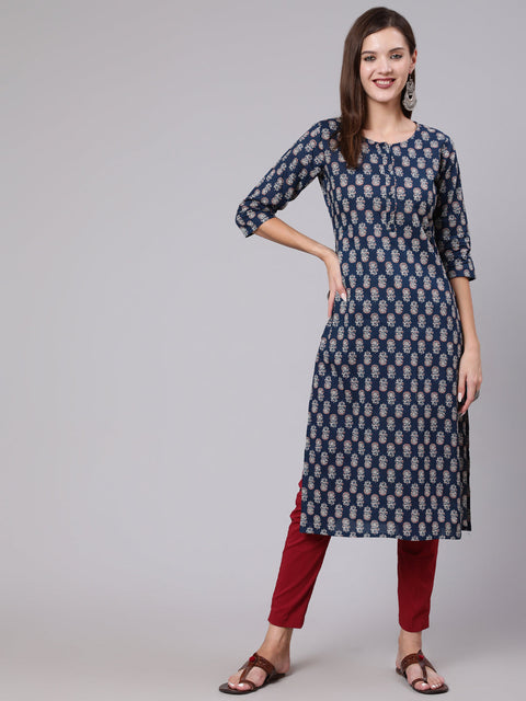 Women Blue Printed Straight Kurta With Three Quarter Sleeves