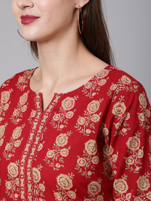 Women Red Ethnic Printed Straight Tunic With Three Quarter Sleeves