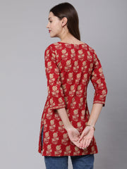 Women Red Ethnic Printed Straight Tunic With Three Quarter Sleeves