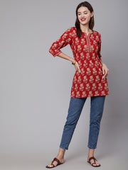 Women Red Ethnic Printed Straight Tunic With Three Quarter Sleeves