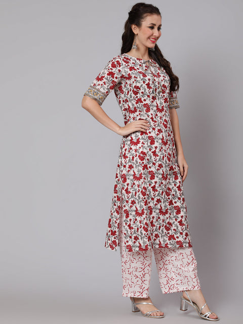 Women Off-White Ethnic Printed straight Kurta With Palazzo