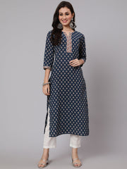 Women Navy Blue Ethnic Printed Straight Kurta With Three Quarter Sleeves
