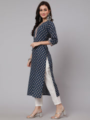Women Navy Blue Ethnic Printed Straight Kurta With Three Quarter Sleeves