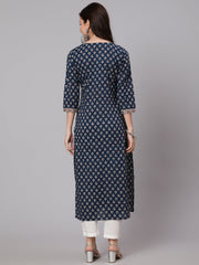 Women Navy Blue Ethnic Printed Straight Kurta With Three Quarter Sleeves