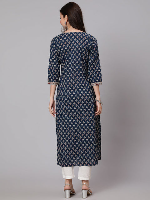 Women Navy Blue Ethnic Printed Straight Kurta With Three Quarter Sleeves