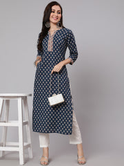 Women Navy Blue Ethnic Printed Straight Kurta With Three Quarter Sleeves