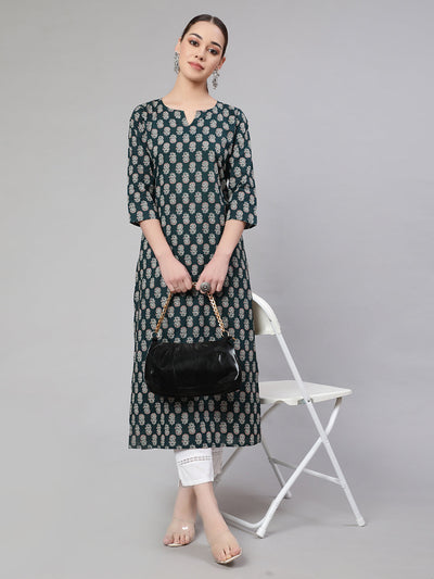 Women Green Ethnic Printed Straight Kurta With Three Quarter Sleeves