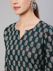 Women Green Ethnic Printed Straight Kurta With Three Quarter Sleeves