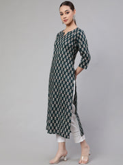 Women Green Ethnic Printed Straight Kurta With Three Quarter Sleeves