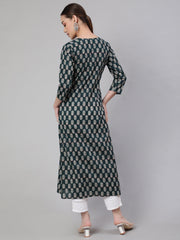 Women Green Ethnic Printed Straight Kurta With Three Quarter Sleeves