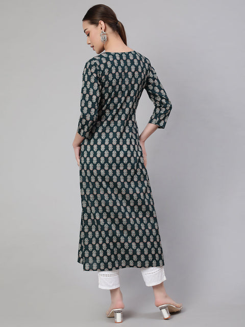 Women Green Ethnic Printed Straight Kurta With Three Quarter Sleeves