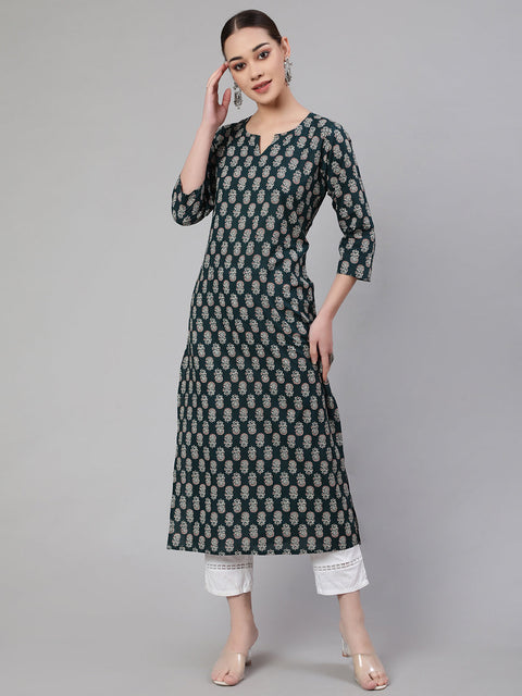 Women Green Ethnic Printed Straight Kurta With Three Quarter Sleeves