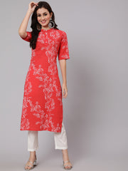 Women Red Floral Printed Straight Kurta With Three Quarter Sleeves