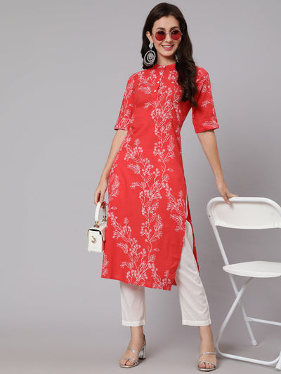 Women Red Floral Printed Straight Kurta With Three Quarter Sleeves