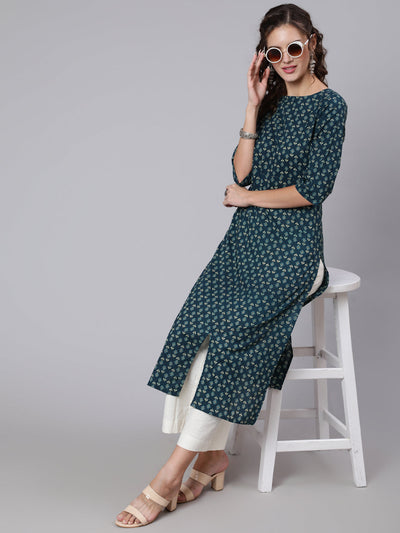 Women Teal Blue Printed straight kurta with three quarter sleeves