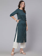 Women Teal Blue Printed straight kurta with three quarter sleeves