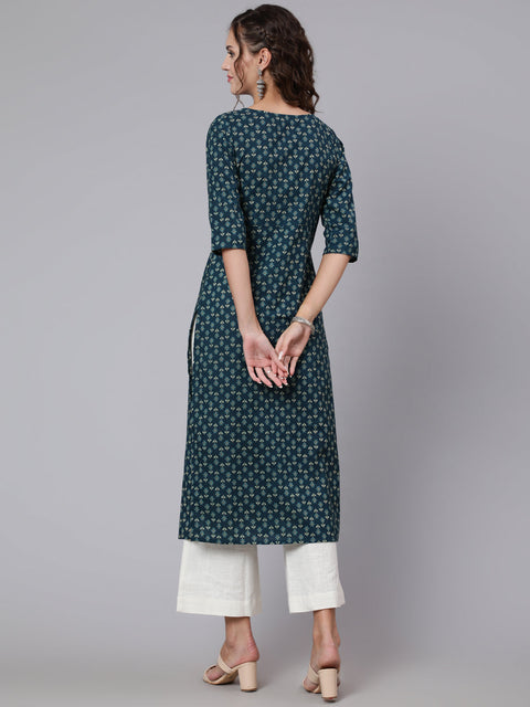 Women Teal Blue Printed straight kurta with three quarter sleeves