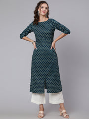 Women Teal Blue Printed straight kurta with three quarter sleeves