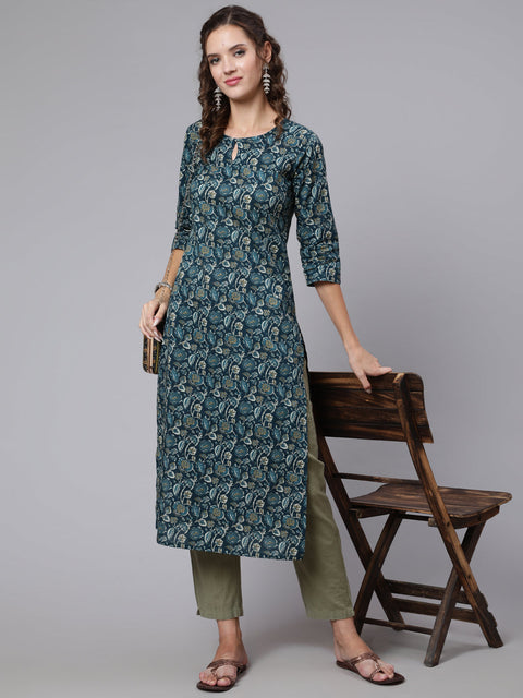 Women Teal Blue Printed straight kurta with three quarter sleeves