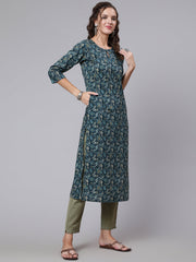 Women Teal Blue Printed straight kurta with three quarter sleeves