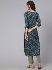 Women Teal Blue Printed straight kurta with three quarter sleeves